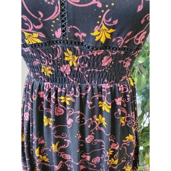 Black Floral Women's Cotton Halter Neck Pleated Sleeveless Long Maxi Dress S - Picture 3 of 15